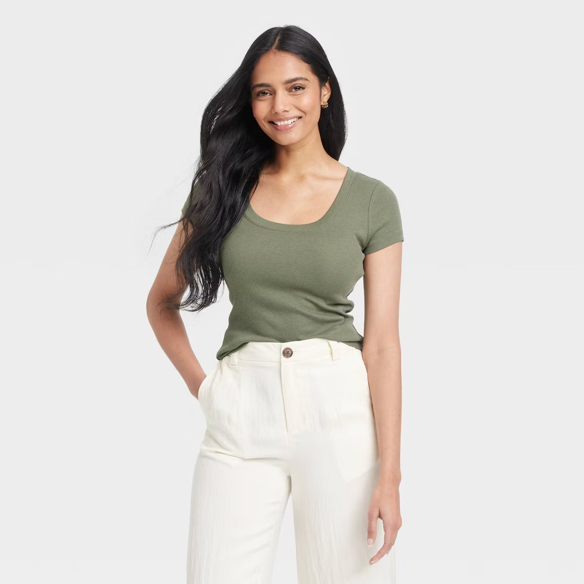 Women's Slim Fit Short Sleeve Ribbed Scoop Neck T-Shirt - A New Day™ | Target
