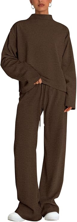 PRETTYGARDEN Women Fall Sweatsuits Two Piece Sets Mock Neck Long Sleeve Knit Tops Wide Leg Pants ... | Amazon (US)