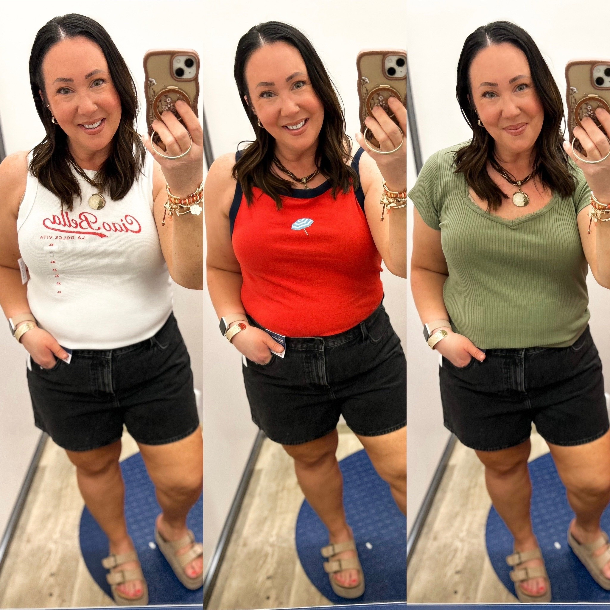 XL tanks and top. Size 16 denim shorts.

#LTKMidsize #LTKOver40 #LTKSaleAlert