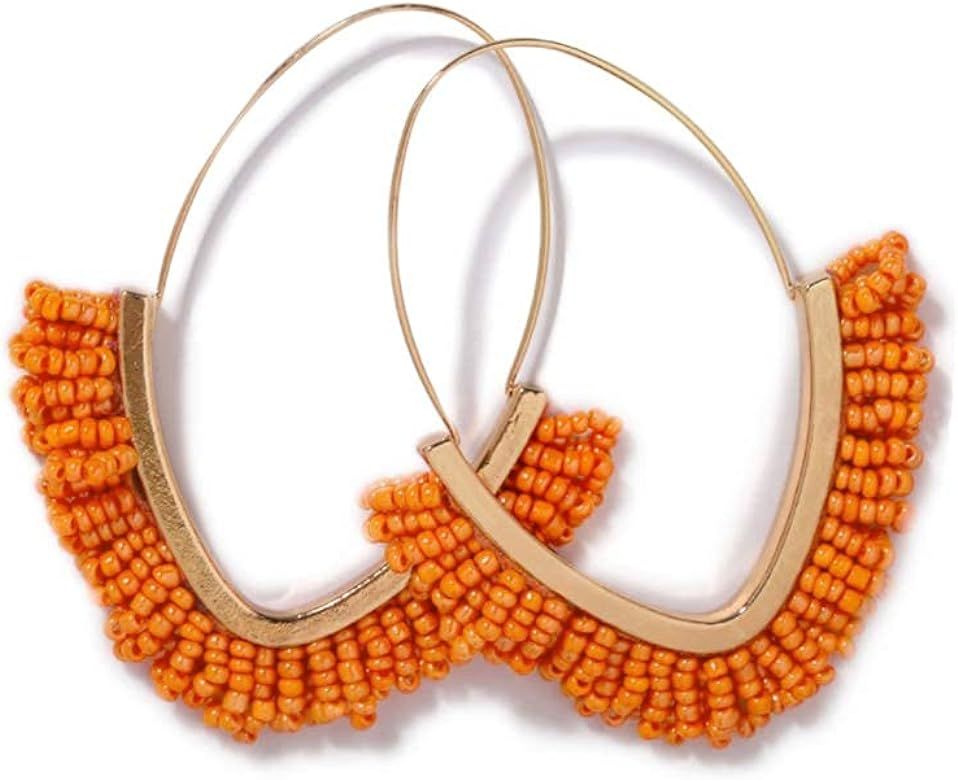 Beaded Dangle Earrings – V-shaped Beaded Earrings Statement Beaded Drop Fringe Earrings, Boho Handma | Amazon (US)