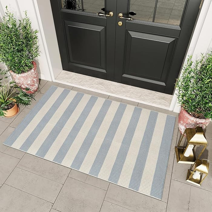 OJIA Washable Outdoor Rug 3'x5', Blue/White/Tan Outdoor Area Rug Entryway Rugs Indoor Door Mat Fr... | Amazon (US)