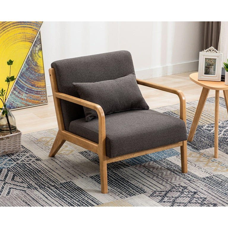 Dayalane Modern Accent Chair, Oak Wooden Armchair Linen Upholstered Sofa Chair with Back, Mid Cen... | Walmart (US)