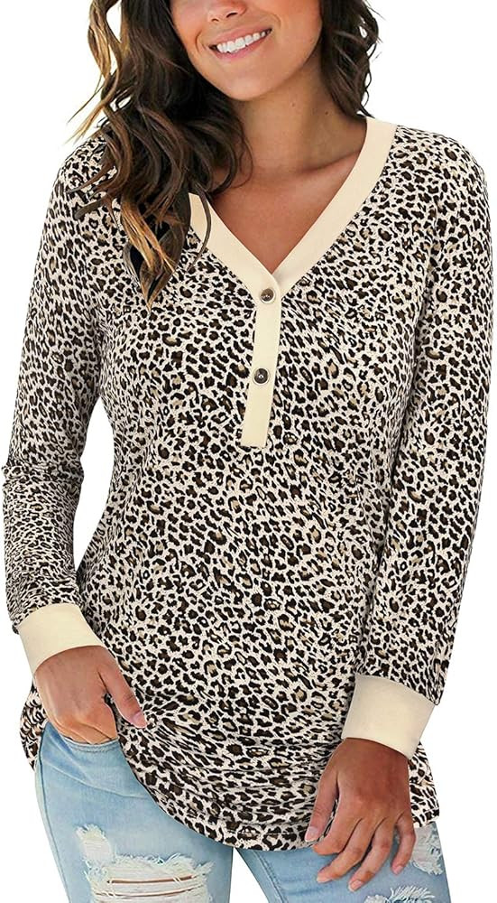 Women's Leopard Print V-Neck Button Camo Causal Long Sleeve Tops Henley Blouse Loose T Shirt | Amazon (US)