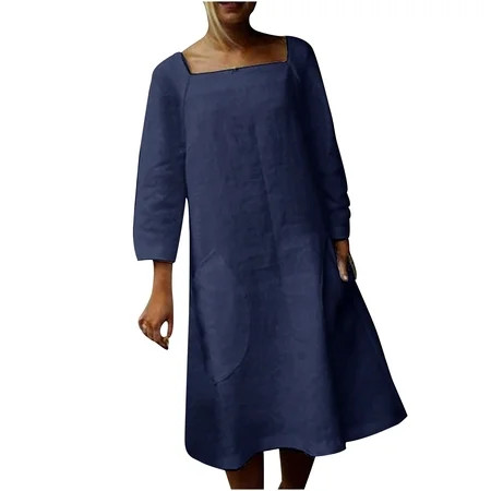 Ikevan Ladies Solid Color Square Collar Pocket Cotton Linen Long Sleeve Dress | Walmart (US)
