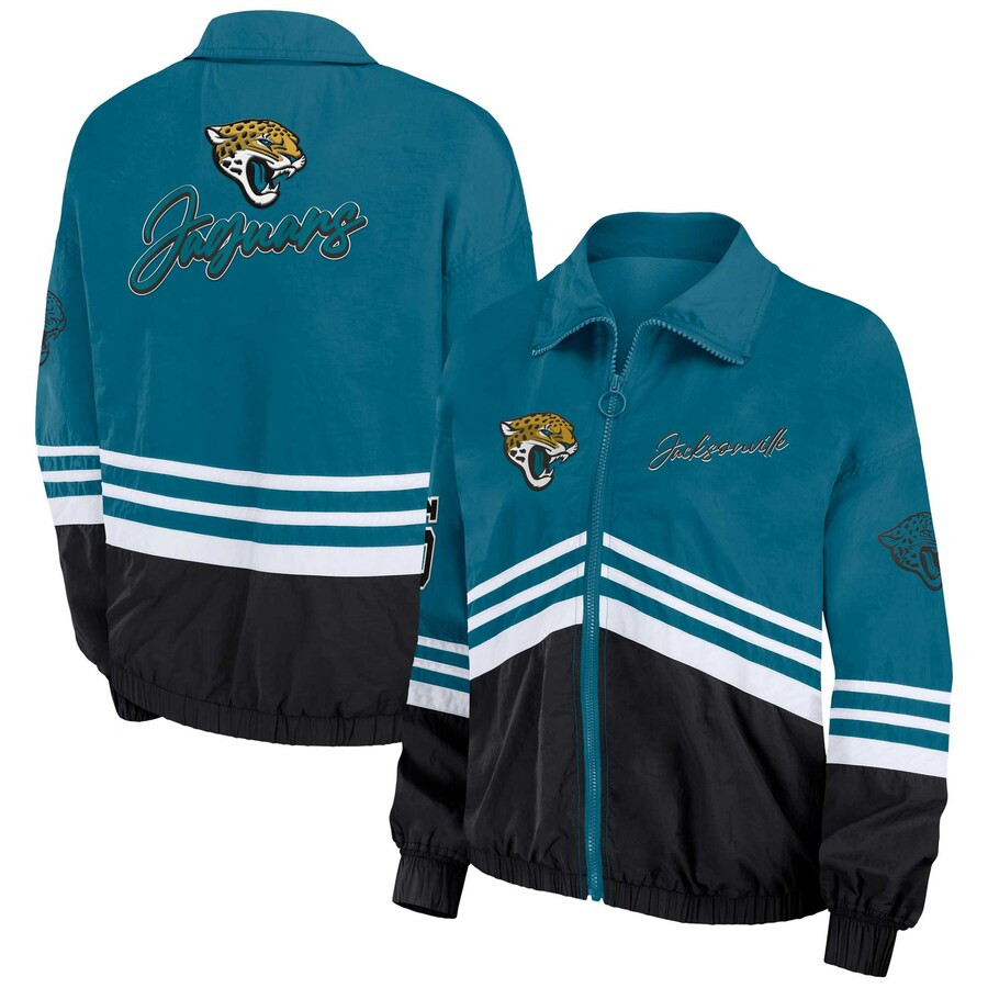 Women's Jacksonville Jaguars WEAR by Erin Andrews Teal Vintage Throwback Windbreaker Full-Zip Jac... | NFL Shop