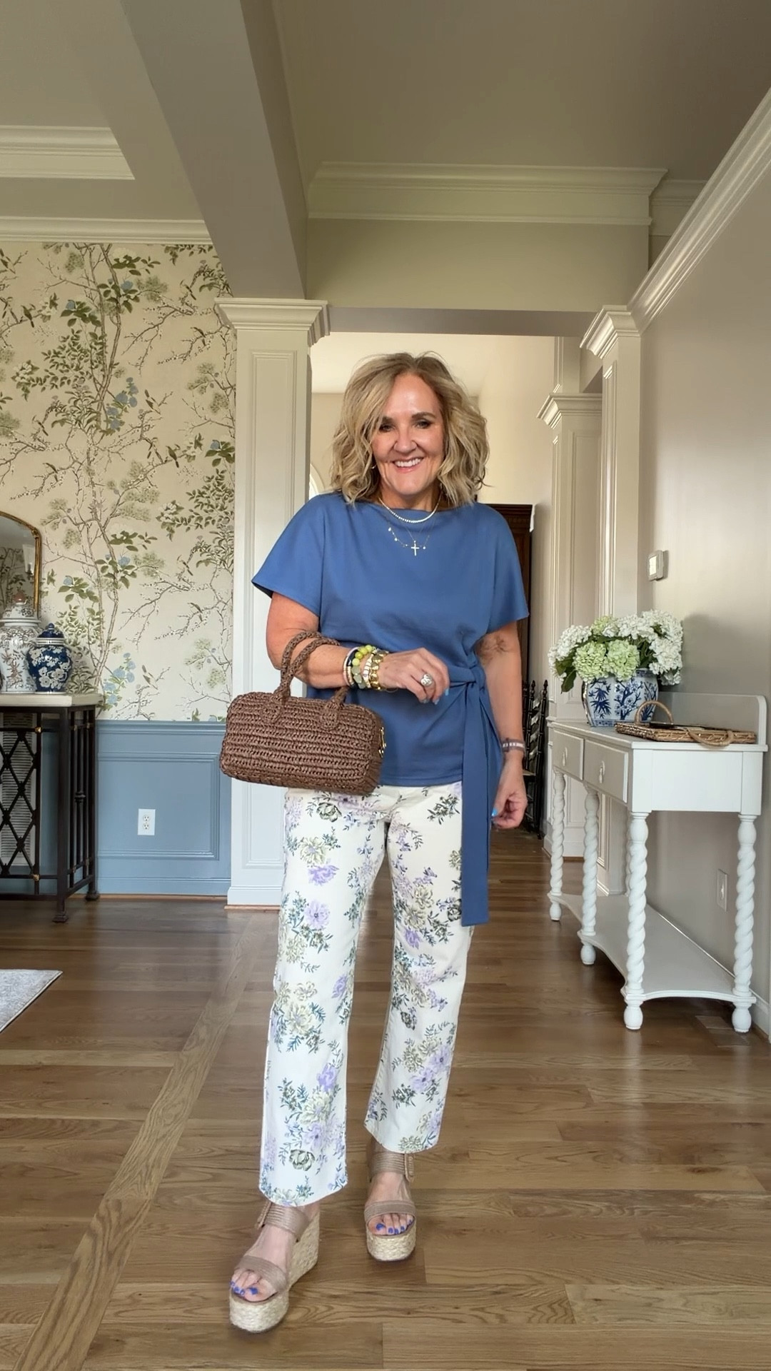 I love these floral jeans but feel like pairing it with lavender is a bit too much.  I've experimented with it and just like it with a different color.  The floral jeans are so pretty though! Size 8 petite. No stretch.
Top is amazon and I can't believe it took me this long to try it on.  I've had it for a while now. Wow, great quality. Very happy with it.  Size medium.
Linking a few similar platform sandals!
My tennis necklace and cross is 20% off with code TAKE20
 20% off my bracelets code NANETTE20

 

#LTKootd #LTKPetite #LTKOver40