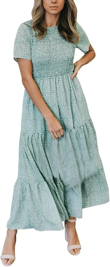 Zattcas Womens Summer Casual Short Sleeve Bohemian Smocked Floral Tiered Maxi Dress | Amazon (US)