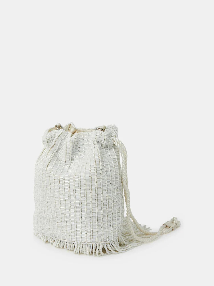 Accessorize Natural Bridal Bead Fringe Bucket Bag | Next EU