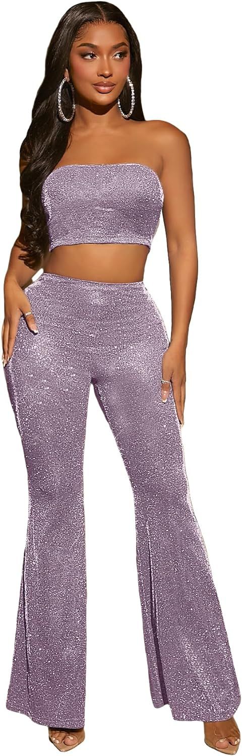 WDIRARA Women's 2 Piece Outfit Glitter Crop Bandeau Tube Top and Flare Leg Party Pants Set | Amazon (US)