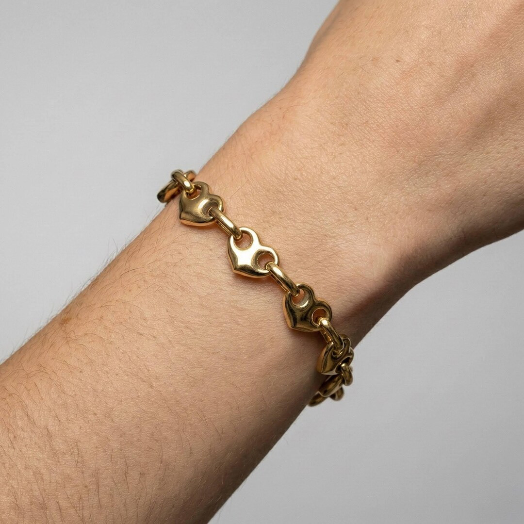 Gold Puff Mariner Heart Link Bracelet: Puffed Anchor Chain - Etsy | Etsy (US)