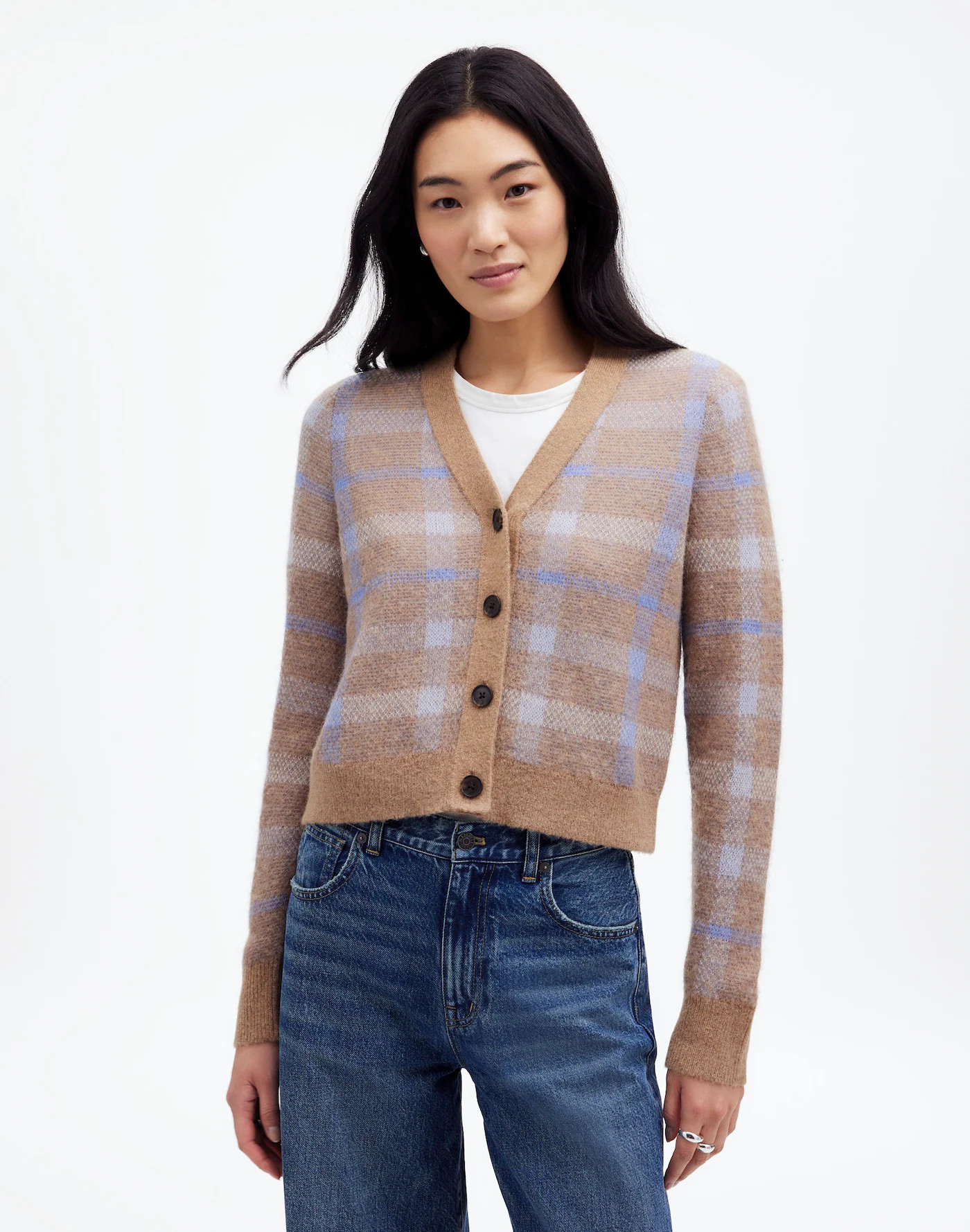 Alpaca-Blend V-Neck Cardigan in Plaid | Madewell | Madewell