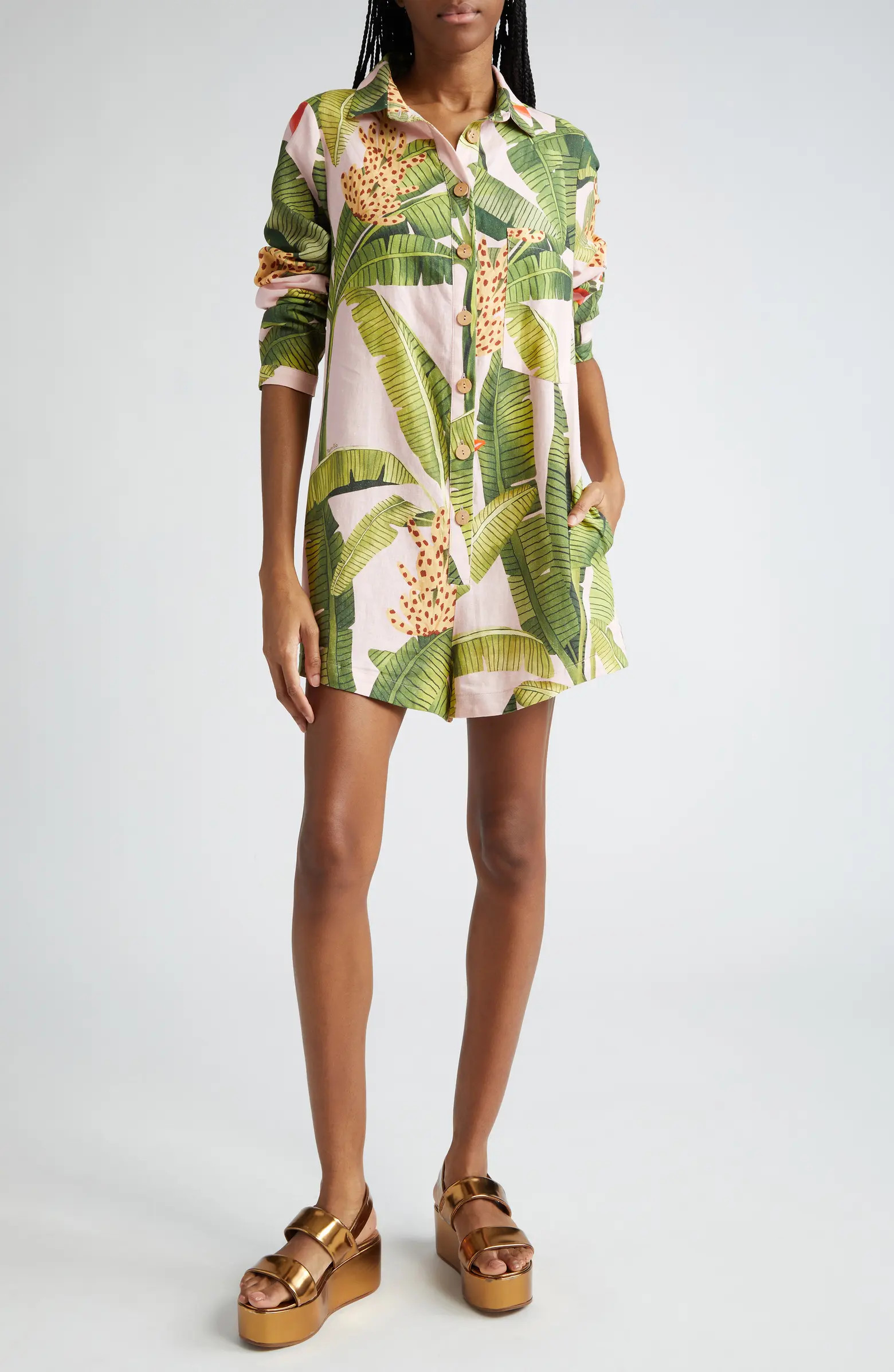 Banana Leaves Linen Blend Romper | Nordstrom