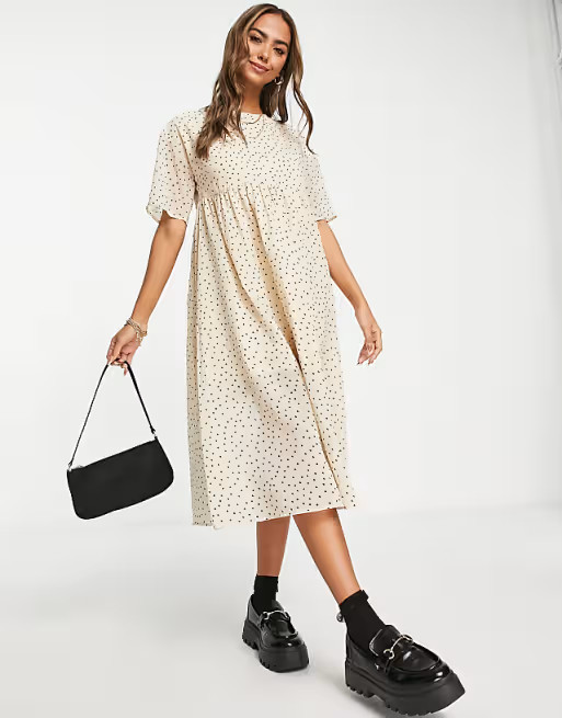 Wednesday's Girl midi smock dress with full skirt in ditsy spot print | ASOS (Global)