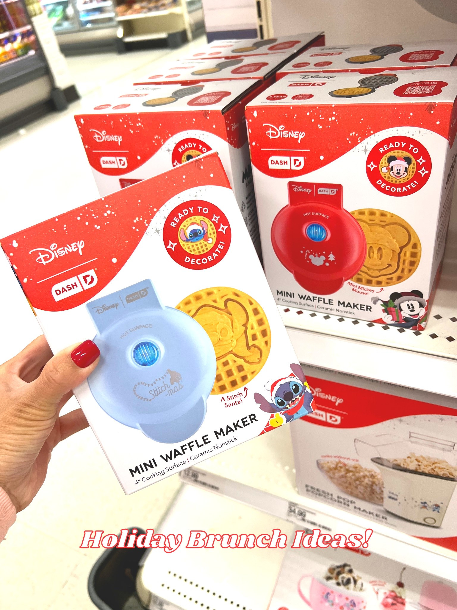 Dash mini waffle maker in Mickey & Lilo & Stitch Characters Christmas Gift Ideas #mydash #miniwafflemaker #christmasbrunch #miniwaffles #hostingideas 