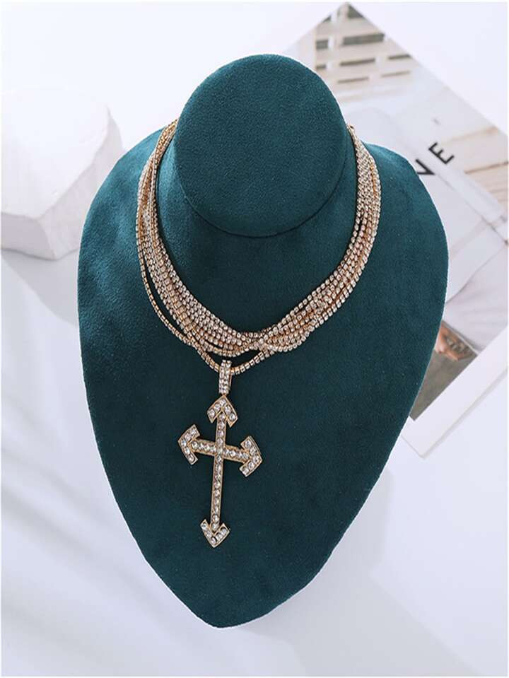 1pc Golden European And American Style Exaggerated Multi-layered Rhinestone Encrusted Cross Penda... | SHEIN
