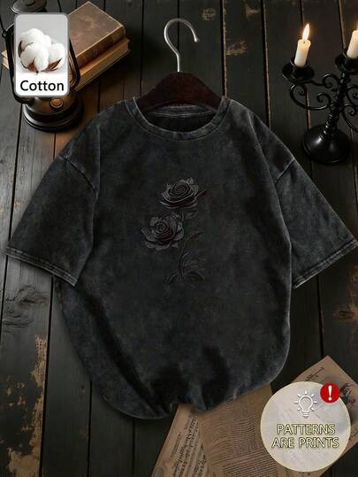 Plus Size Women's Washed Cotton Short Sleeve T-Shirt. Rose Pattern, Retro Loose Fit. Y2K Streetwe... | SHEIN