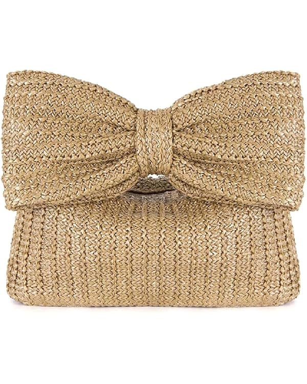 Women Bow Purse Straw Woven Clutch Bag Handbags Mini Summer Vacation Beach Tote for Party Wedding | Amazon (US)