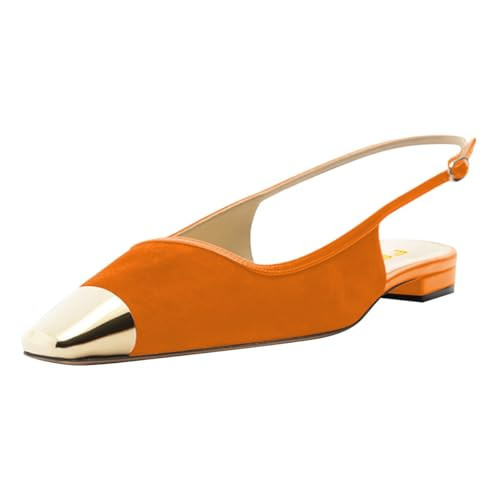 FSJ Women Slingback Flats Square Closed Toe Shiny Two Toned Flats Sandals Slip On Block Low Heel Comfort Office Work Date Fashion Dressy Shoes Size 12 Orange | Amazon (US)