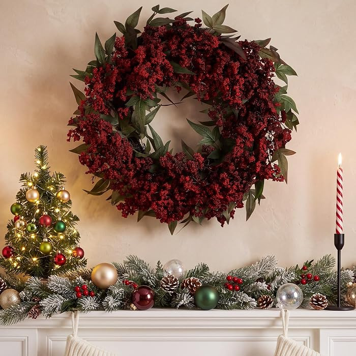 21 Inch Fall Wreaths for Front Door Autumn Berry Wreath, Burgundy | Amazon (US)