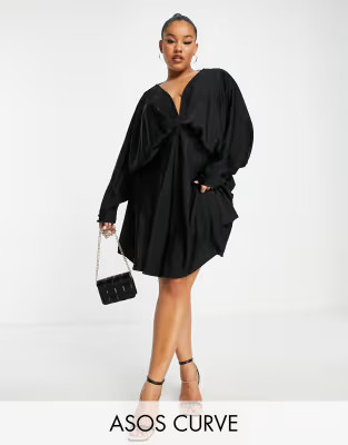 ASOS DESIGN Curve batwing satin mini dress with bias cut skirt and tie back in black | ASOS (Global)