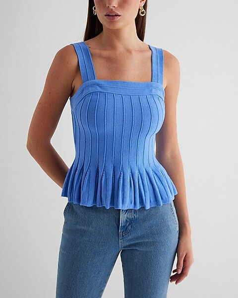 Square Neck Pleated Peplum Sweater Tank | Express