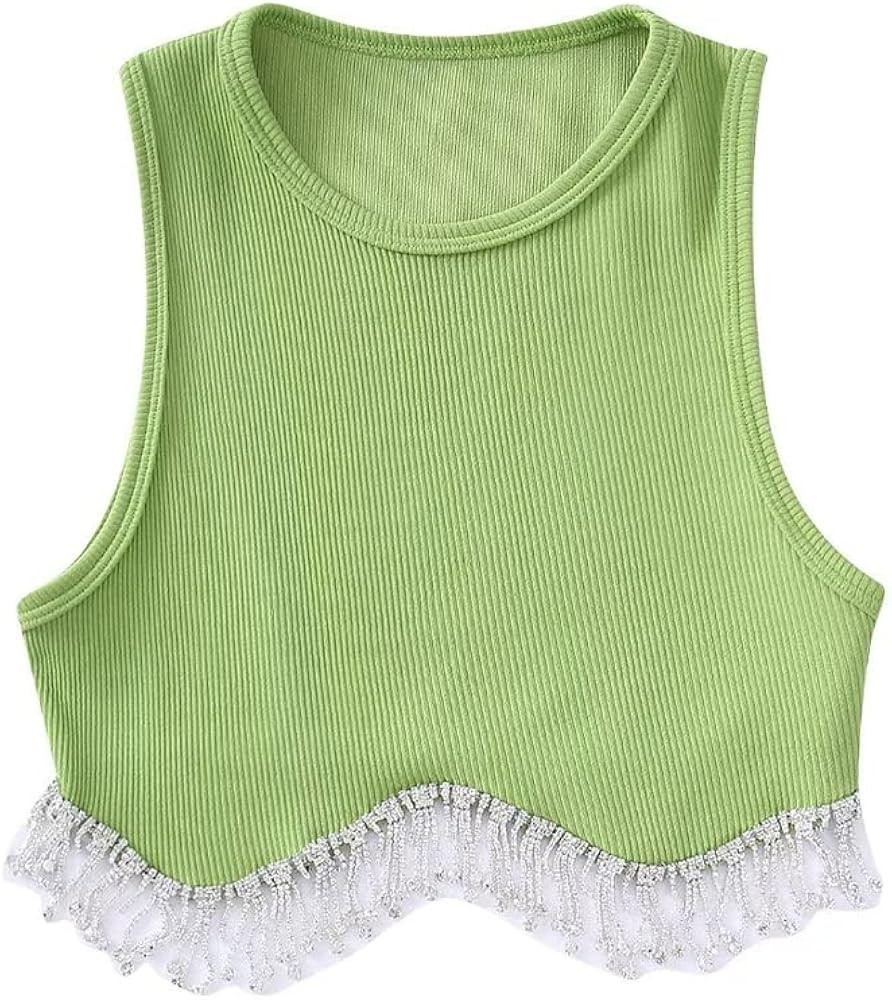 SAFRISIOR Women Rhinestone Trim Sleeveless Cropped Top Vest Crew Neck Rib Knit Crop Tank Top with Rh | Amazon (US)