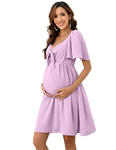 FUNJULY Maternity Dresses for Baby Shower Women's Knotted V Neck Knee Length Wrap Baby Shower Dress Pink L | Amazon (US)