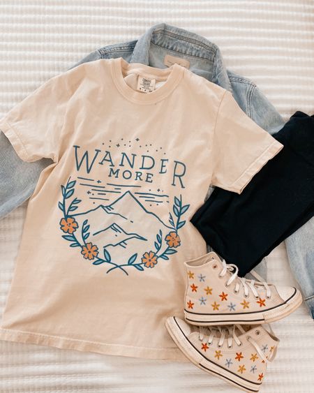 spring outfit inspo, spring graphic tee, wander more, graphic tees, converse, denim jacket, mom style, mom ootd

#LTKunder50 #LTKfamily #LTKstyletip