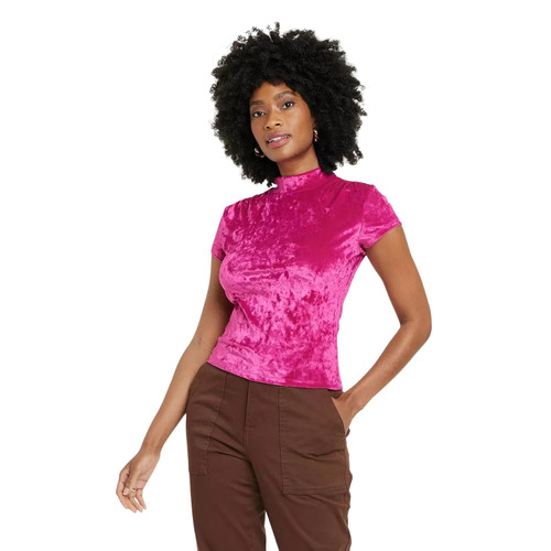 Women's Short Sleeve Slim Fit Mock Turtleneck Velvet T-Shirt - A New Day Pink L | eBay US