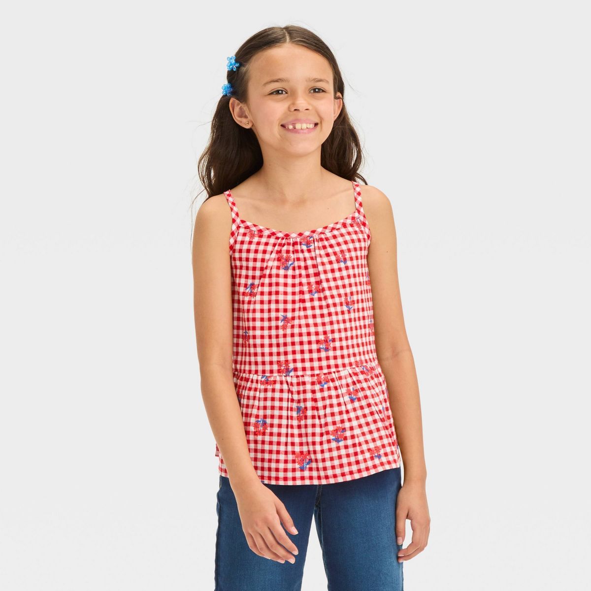 Girls' Gingham Embroidered Floral Americana Peplum Tank Top - Cat & Jack™ Red L | Target