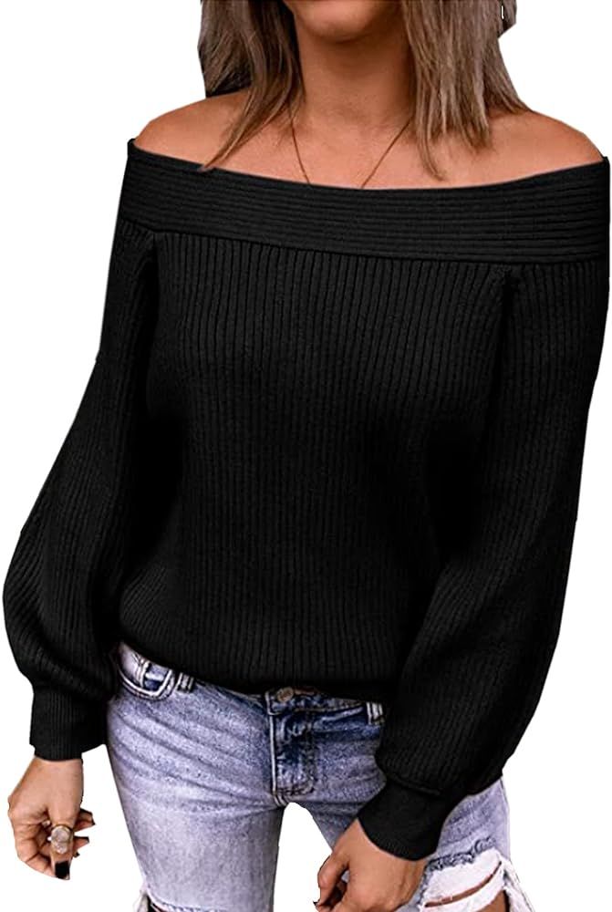 Angashion Women's Sweaters Dress Oversized Long Sleeve Sexy Off Shoulder Color Block Pullover Knit S | Amazon (US)