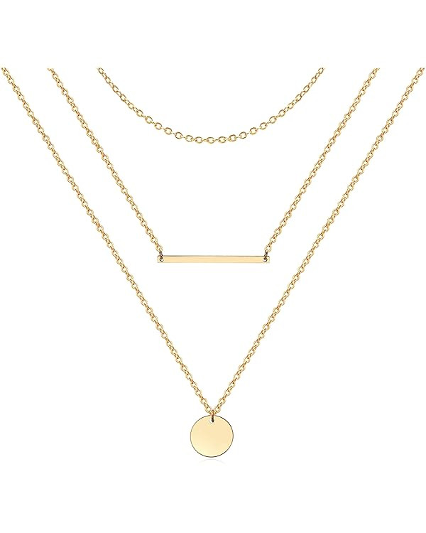 Dainty Gold Layered Bar Neckalce Moon Pendant Lariat Y Necklace 14K Gold Simple Necklace for Wome... | Amazon (US)