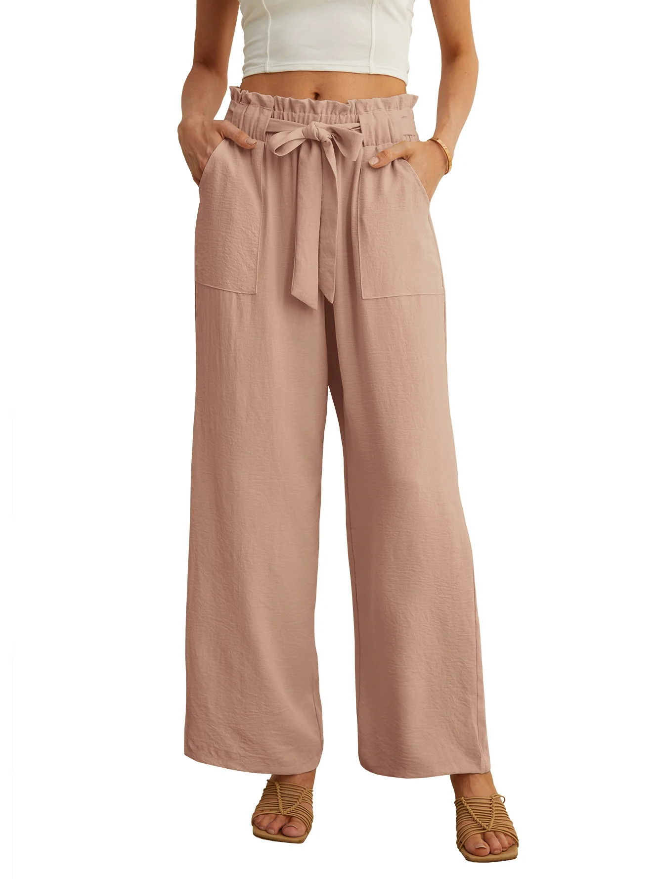 JWD Women's Wide Leg Pants With Pockets High Waist Adjustable Knot Loose Casual Trousers Business... | Walmart (US)