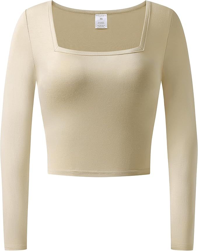 OThread & Co. Women's Long Sleeve Square Neck Crop Top Basic Comfy Stretch Tee | Amazon (US)