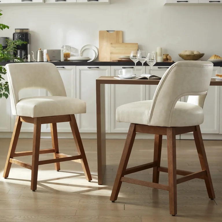 VKNOW Distressed Faux Leather Swivel Bar Stools Set of 2 Cutout Backrest Solid Wood Legs for Kitc... | Walmart (US)