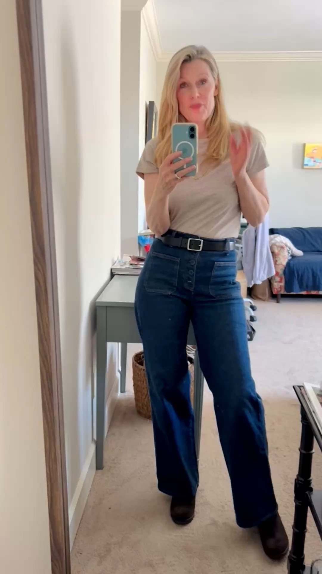 Gifts for her 🎁
My favorite t-shirt makes a great gift because it’s a bit pricey (so she might not buy it herself) and it’s one of the most practical clothing items! A great quality tee is endlessly useful!  It comes in several lovely colors; I’m wearing taupe. 

Size up one size at least — and two if you want it roomy. I’m usually a small but wearing a medium here. 

Another idea. A lovely classic leather belt makes a great gift! I’ve linked mine and two similar. 

My jeans are by Reformation, a couple of years ago. Love the front patch pockets and wide leg. Linking similar. 

#LTKootd #LTKOver40 #LTKFindsUnder50