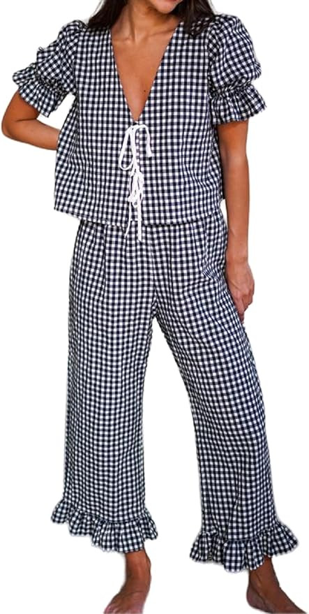 Argeousgor Women Plaid 2 Piece Pajama Set Tie Front Puff Sleeve Babydoll Shirt Gingham Pants Pj L... | Amazon (US)