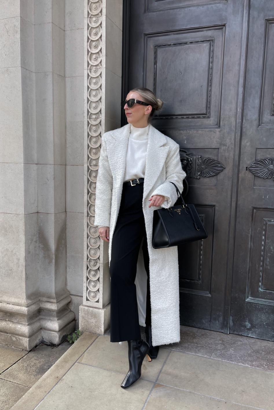 White coat outfit 🤍❄️

Boucle coat, black trousers, white jumper, YSL belt, YSL sunglasses, black bag, winter outfits, minimal outfits 

#LTKSeasonal #LTKstyletip #LTKHoliday