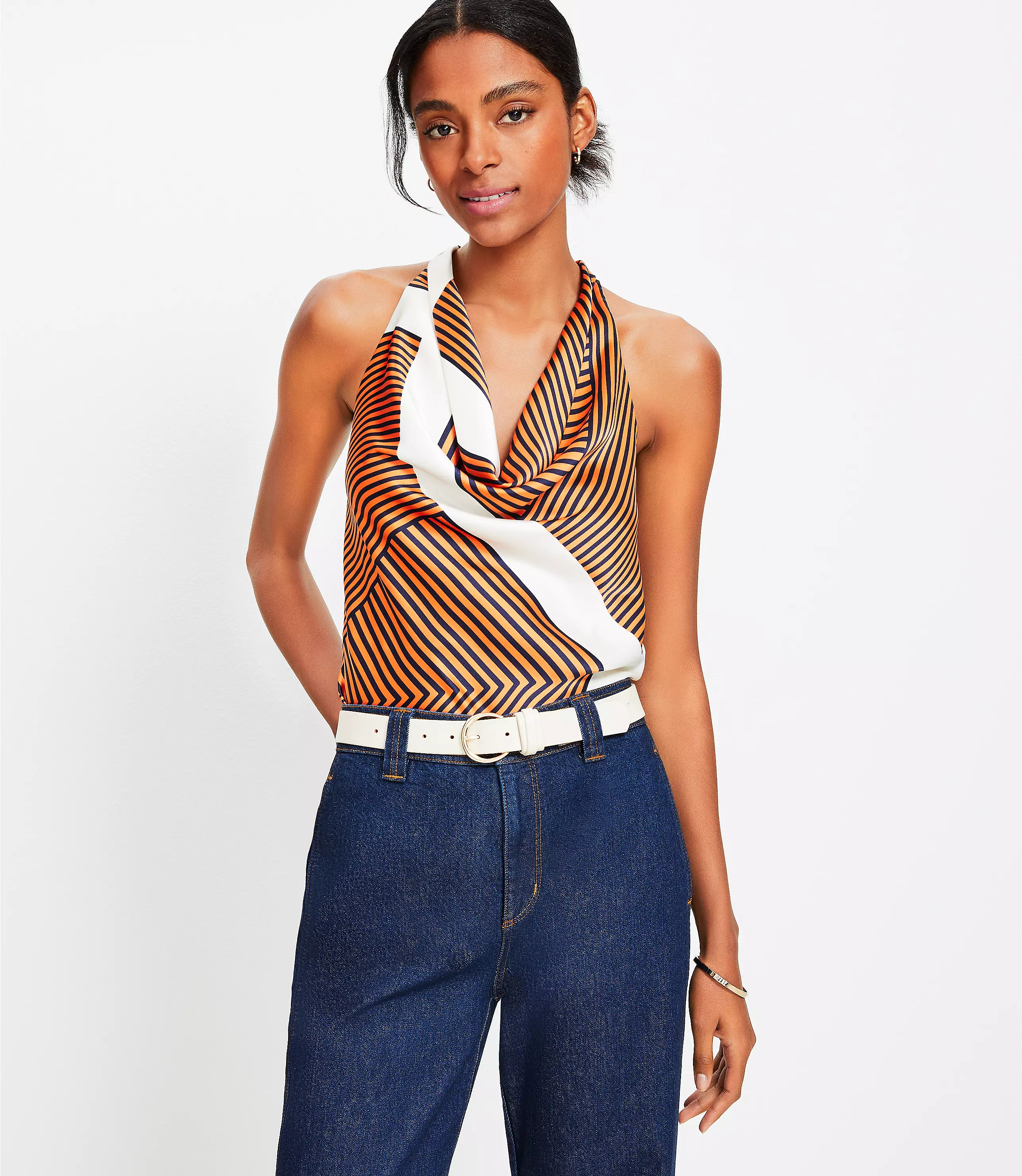 Striped Satin Cowl Neck Cami | LOFT