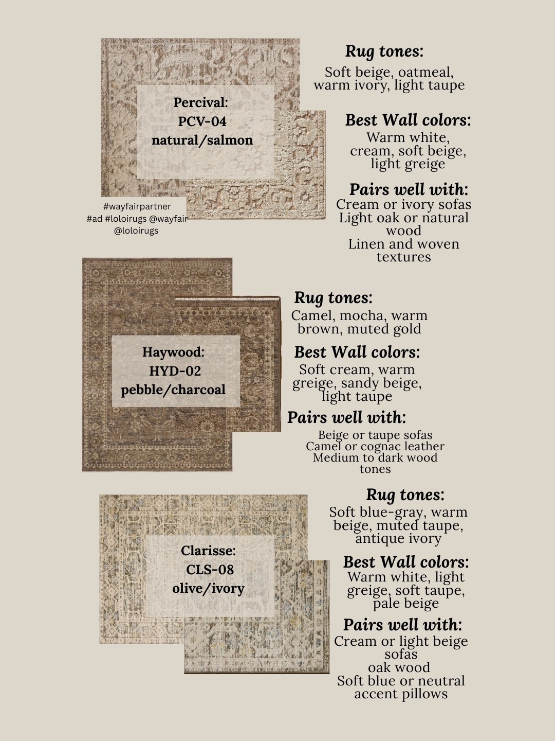 These are all on sale from @wayfair for the Presidents’ Day sales. Grab them while you can. They’re classic, easy to coordinate rugs that work with so many spaces if you’ve been on the hunt for one. The lighter one has soft beige and ivory tones that look beautiful with cream sofas and warm white or greige walls. The deeper brown option brings in camel and mocha tones that ground a room and pair perfectly with beige upholstery and warm wood furniture. The blue neutral version mixes soft blue gray with warm beige, so it’s great if you want a little color but still want a calm, neutral look.
• Percival PCV-04 Natural/Salmon
• Haywood HYD-02 Pebble/Charcoal
• Clarisse CLS-08 Olive/Ivory



#LTKSaleAlert #LTKHome