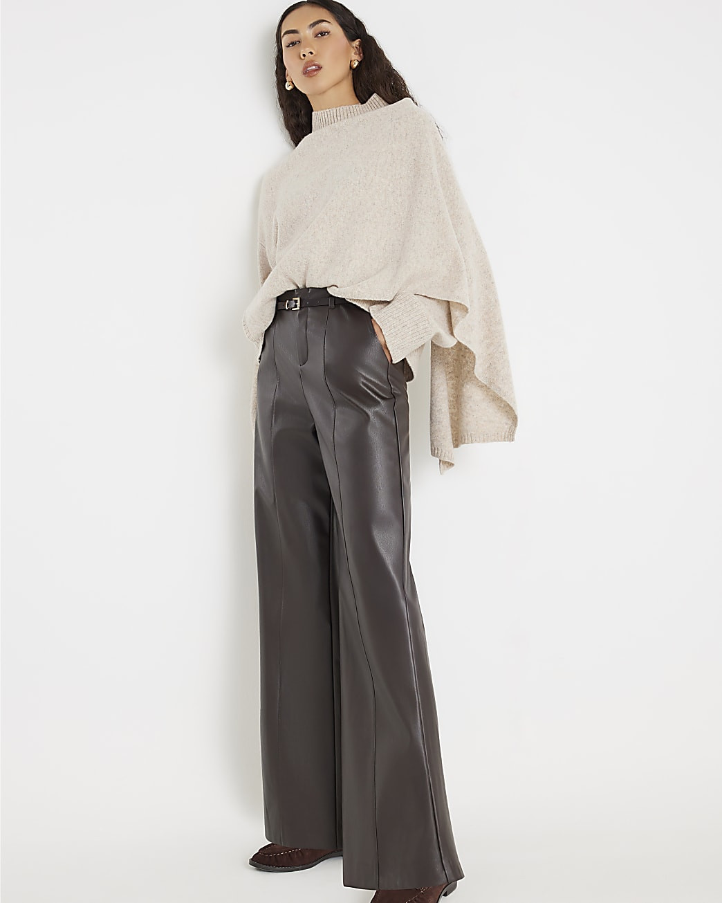 Brown Faux Leather Belted Wide Leg Trousers | River Island UK & IE