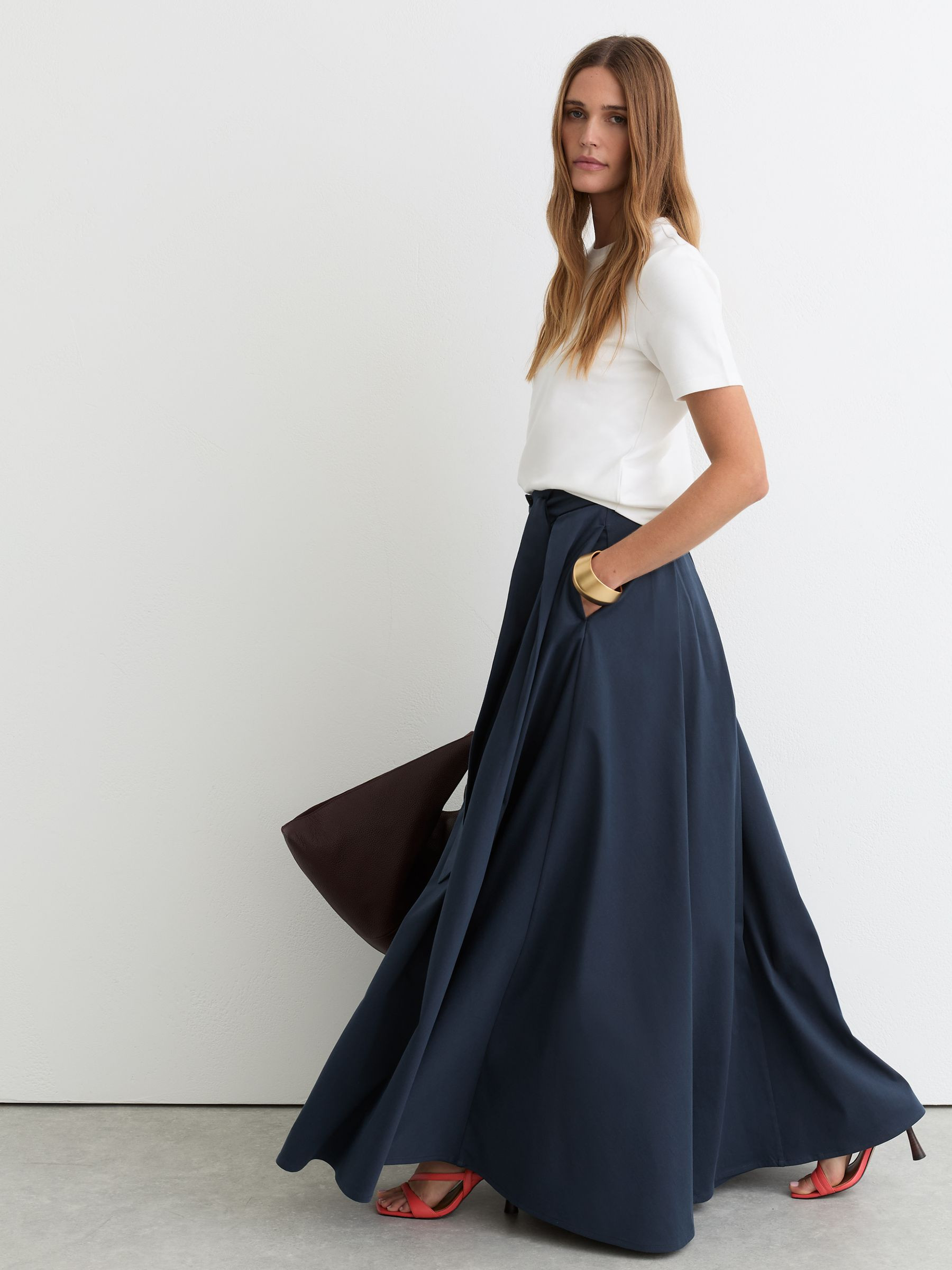 Reiss Cotton-Blend Pleated Maxi Skirt in Navy Blue - REISS | Reiss UK
