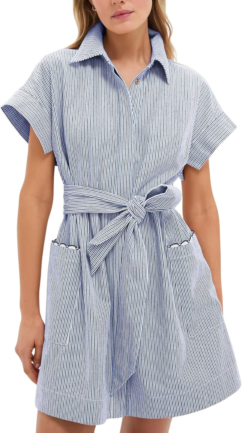 Women's Striped Mini Shirt Dress Button Down Short Sleeve Collared Dresses | Amazon (US)