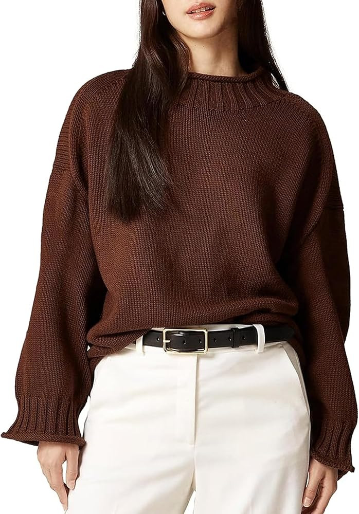 Oversized Sweaters for Women Roll High Neck Hem Long Sleeve Soft Chunky Cable Knit Striped Pullov... | Amazon (US)