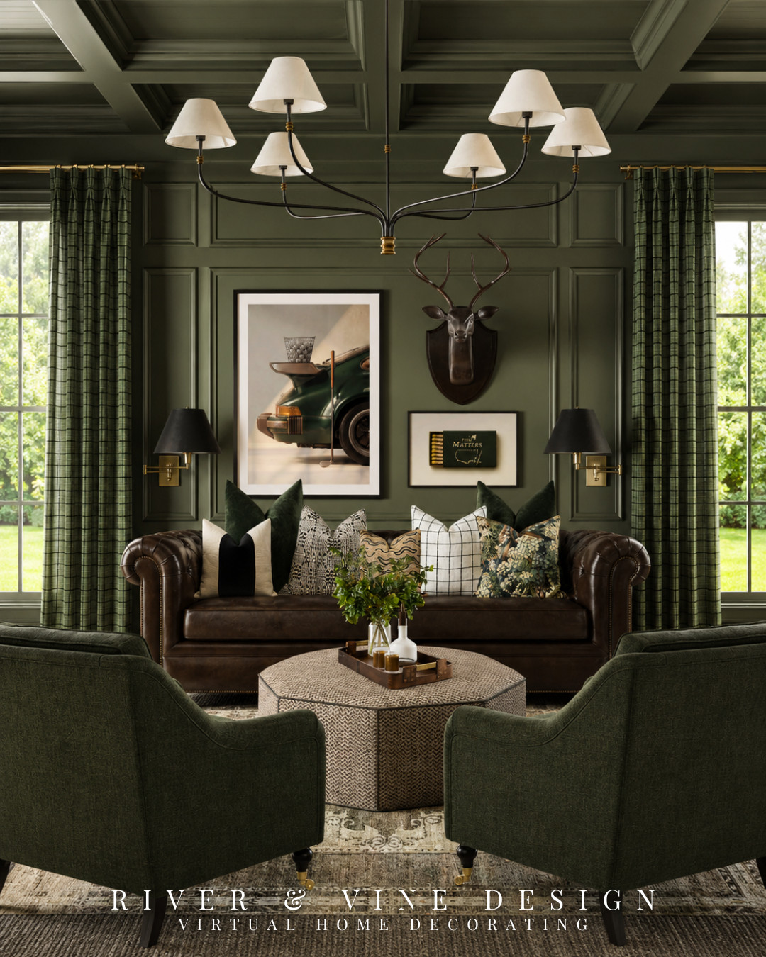 If Ralph Lauren designed a room for someone whose weekend plans always include a tee time, this would be it.
The deep olive paneling, plaid curtains, worn leather sofa, and collected artwork give the room that signature Ralph Lauren richness. Then the golf photography and “Fine Matters” print add just enough personality to suggest that someone here owns more golf polos than actual dress shirts.
The mix works because the golf theme stays in the details, while the substantial furniture, classic patterns, and layered pillows keep the room polished and timeless.
Ralph Lauren inspired living room, golf themed home decor, olive green living room, leather Chesterfield sofa, traditional golf room, plaid curtain ideas, moody classic interior, collected living room decor
I may receive a commission from purchases made through my links.

#LTKHome