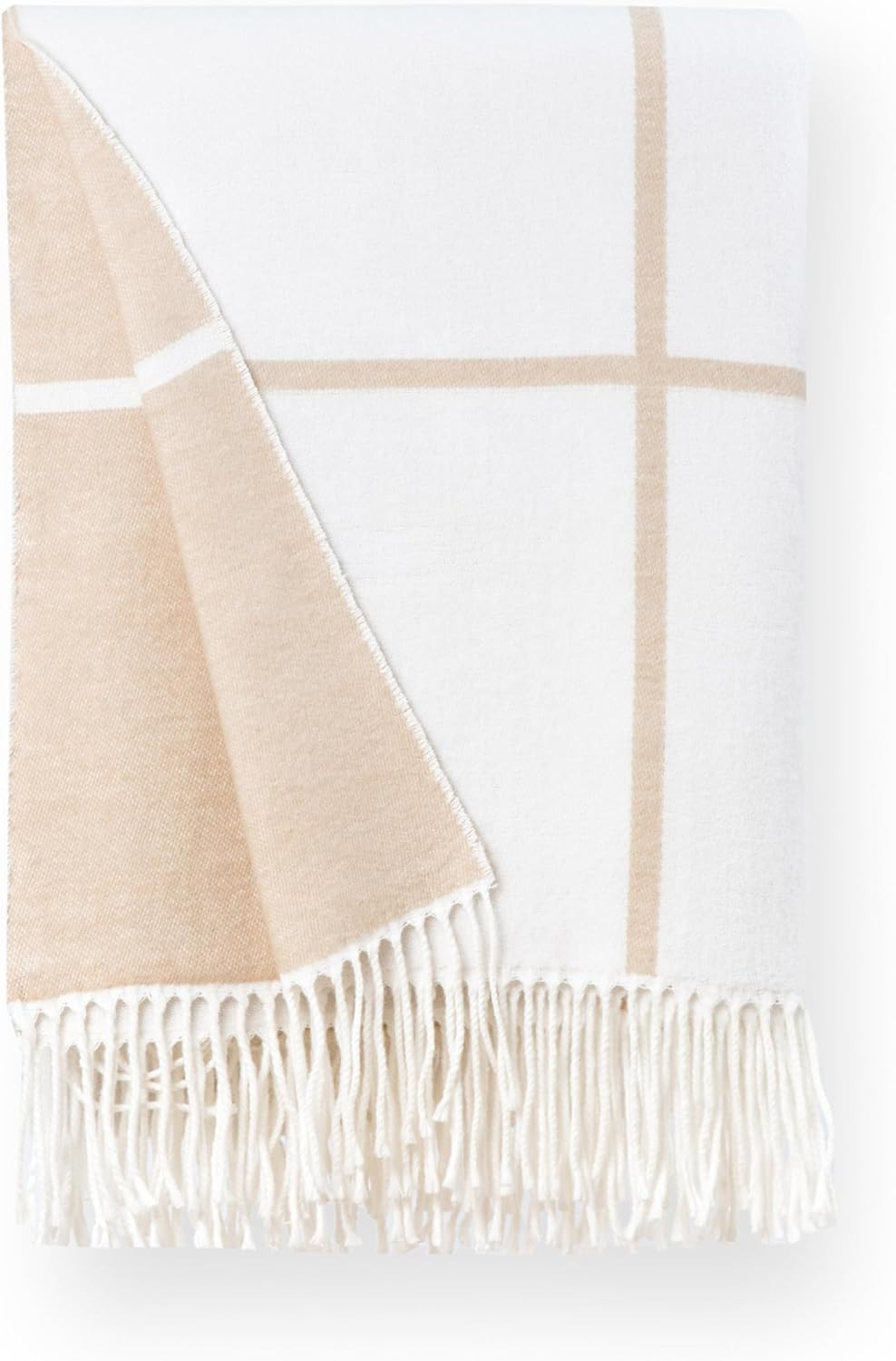 Hofdeco Premium Coastal Decorative Throw Blanket for Patio Couch Sofa, Neutral Tan Plaid with Fri... | Amazon (US)
