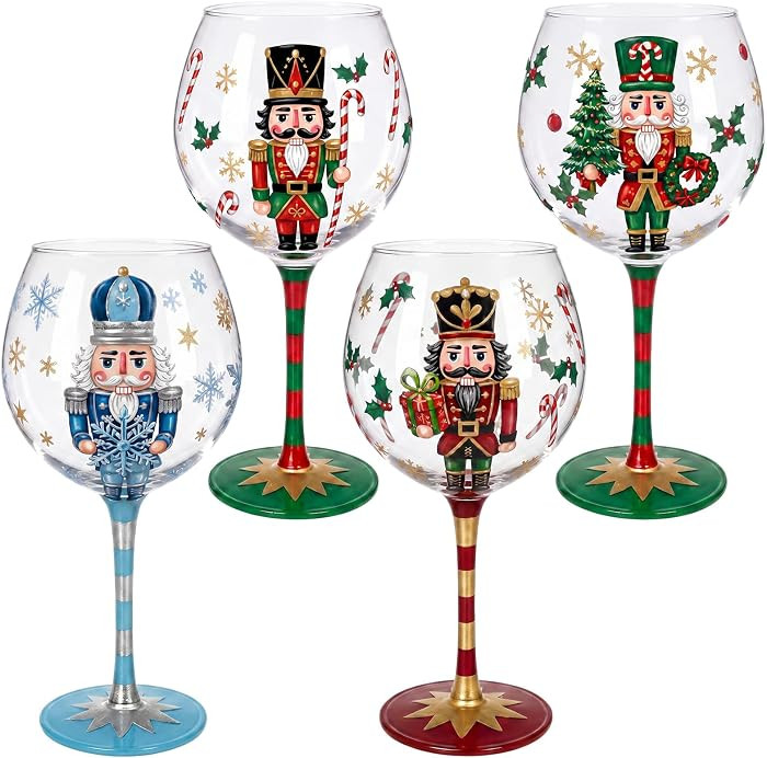 LemonRoad 4 Pcs Christmas Wine Glasses Set 16.8 oz Hand Painted Christmas | Amazon (US)