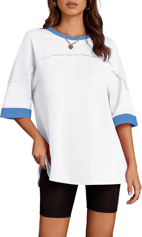 NENONA Women's Summer Casual Short Sleeve T Shirts Oversized Color Block Tunic Tops Tee | Amazon (US)