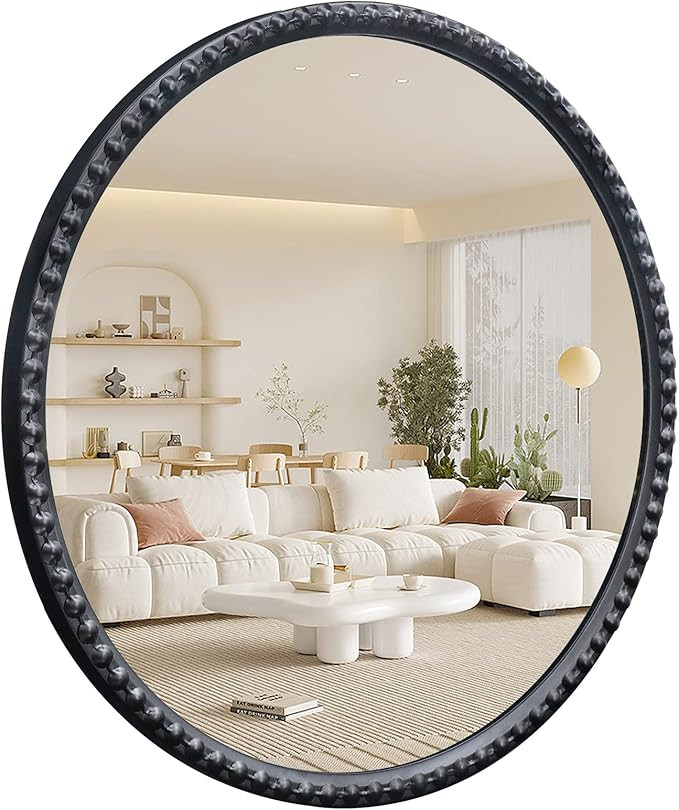 YIDIE Round Beaded Mirror, 24 inch Metal Marlowe Style Wall Mirror for Home Decor, Black | Amazon (US)