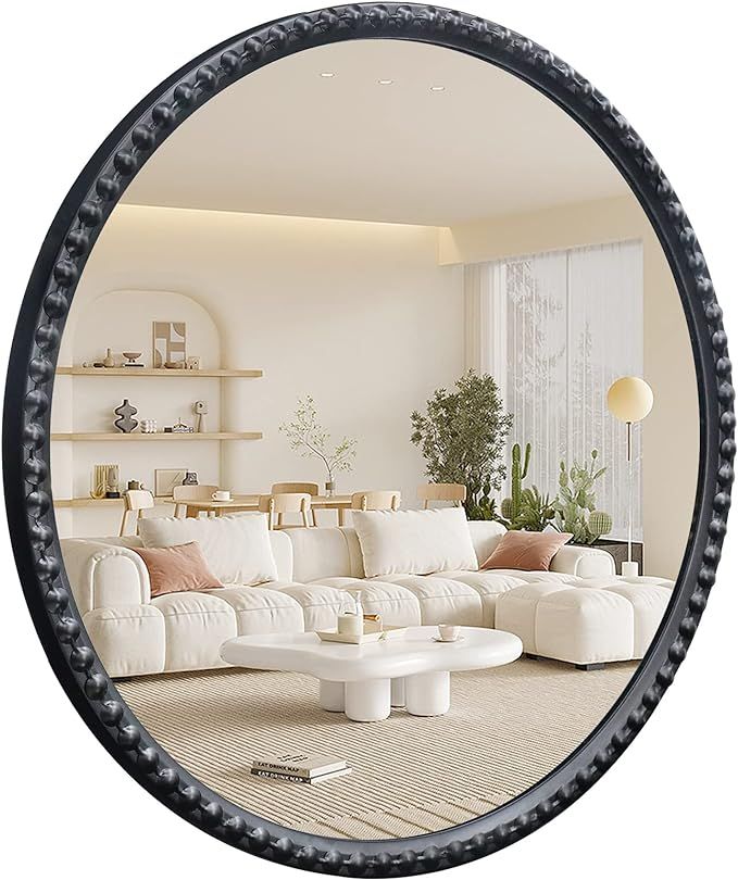 YIDIE Round Beaded Mirror, 24 inch Metal Marlowe Style Wall Mirror for Home Decor, Black | Amazon (US)